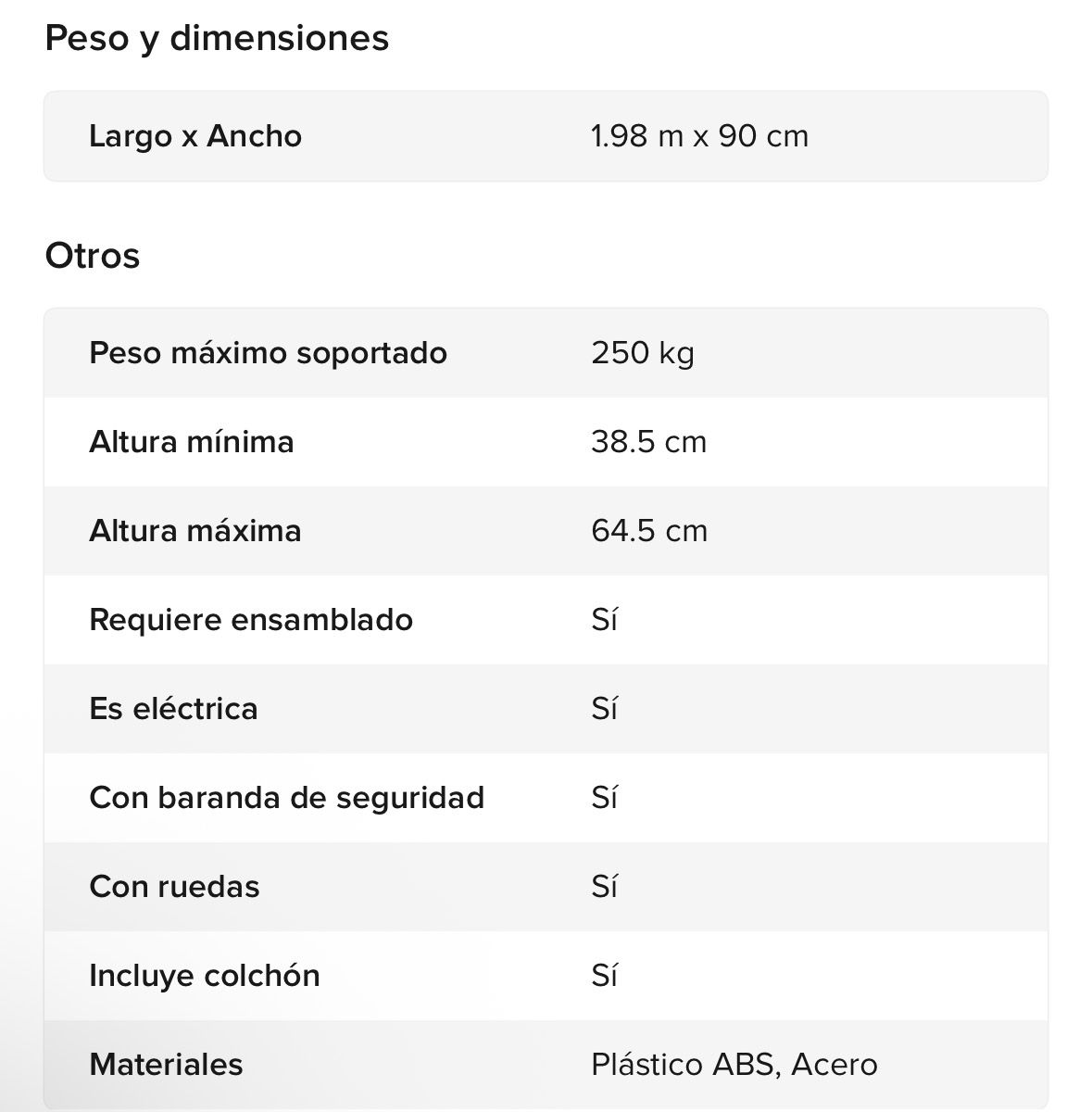 Cama Electrica Normal - Ficha de especificaciones